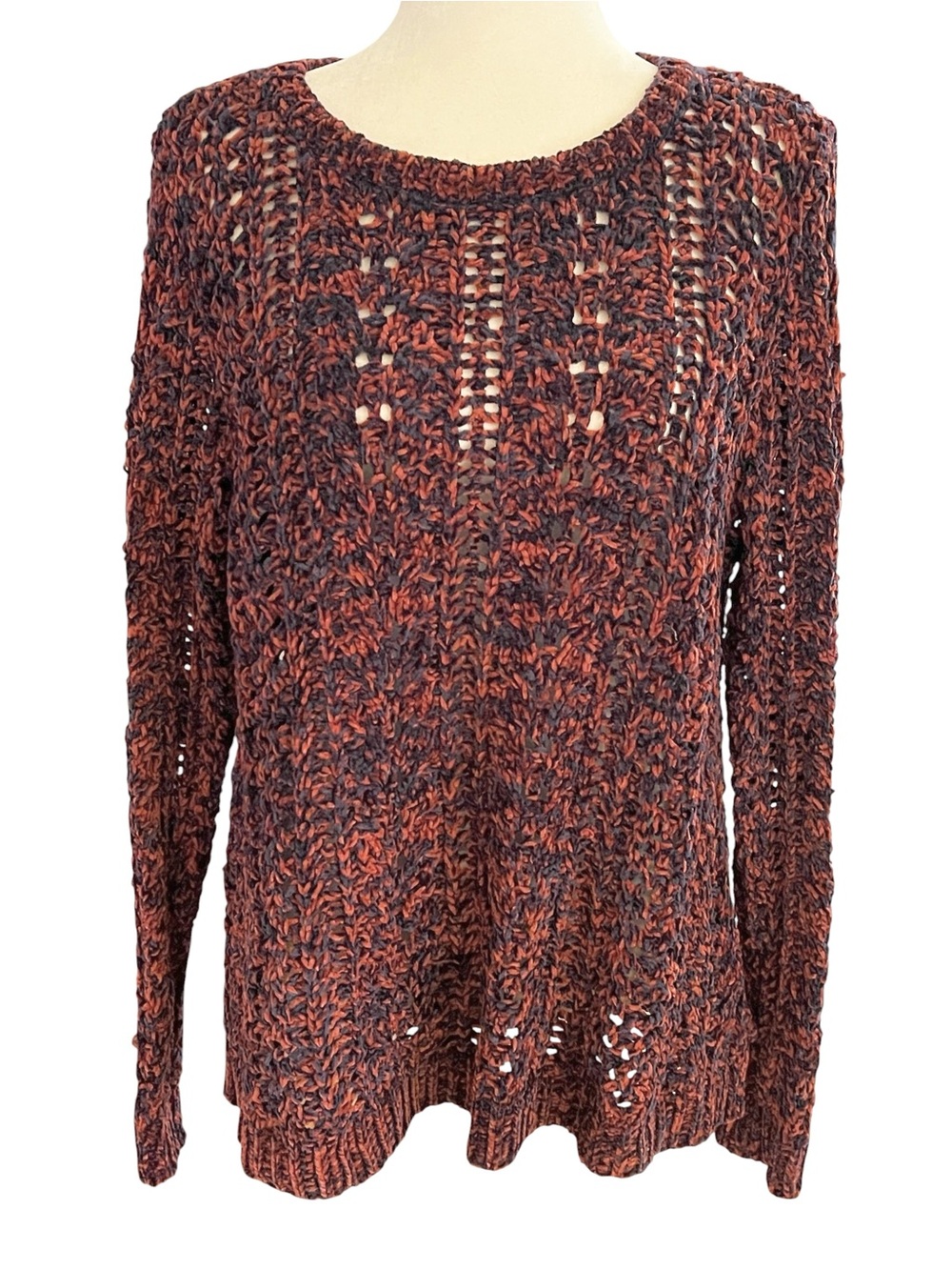 Soft Surroundings Windsor Park Marled Rust &Navy Blue Open-Knit Crewneck Sweater